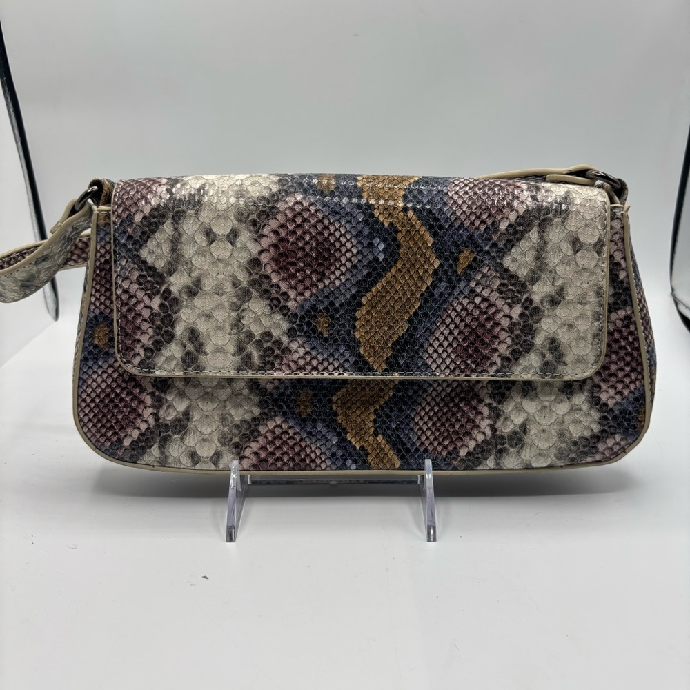 Textured Snake-Print Shoulder Bag in Cream, Pink & Tan